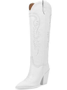 Women's White Cowgirl Boots Pull On Knee High Boots Western Embroidered Boots